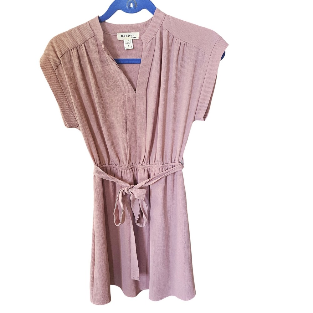 Monteau Los Angeles Pink Dress V Neck Short Sleeve Tie Waist‎ Casual Dress Small